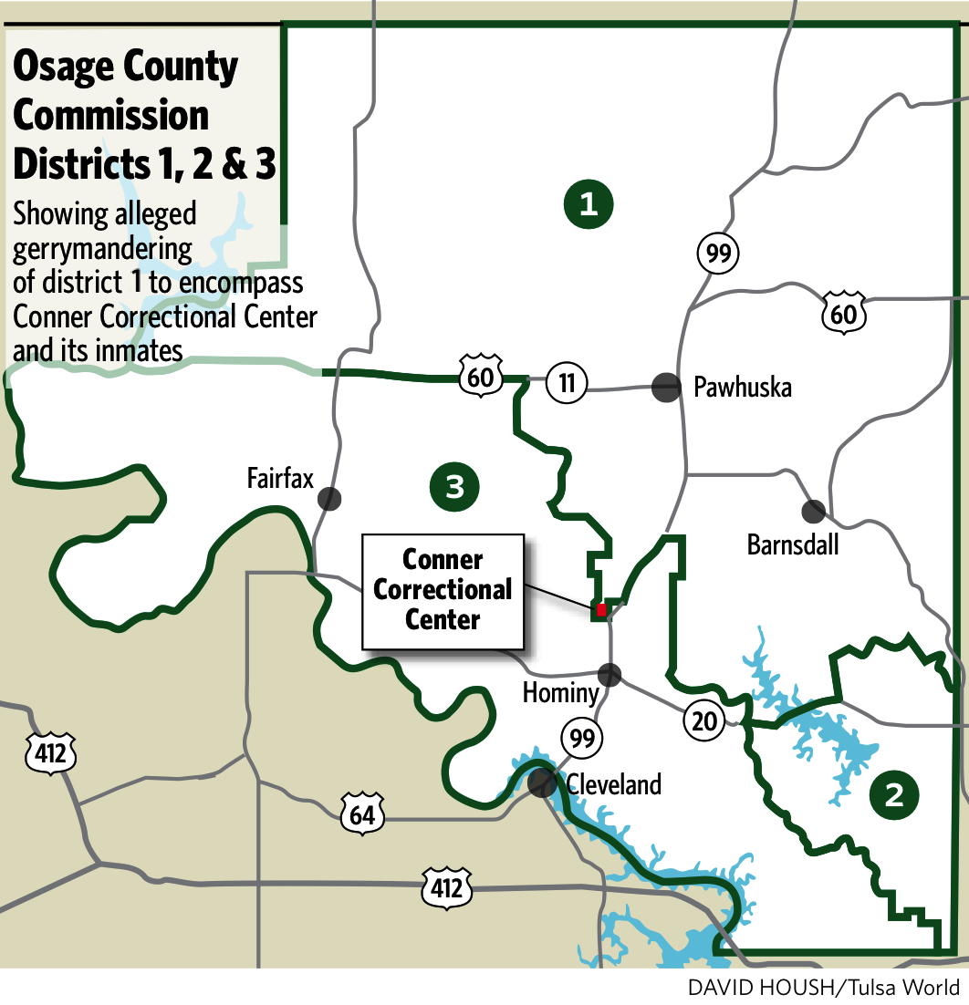 Map showing alleged gerrymandering of district 3 to encompass Conner Correctional Center and its inmates