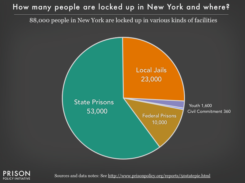 Pie chart showing that 88,000 New York residents are locked up in federal prisons, state prisons, local jails and other types of facilities