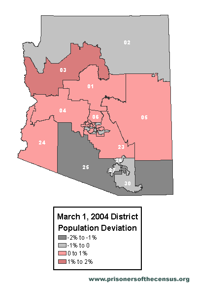 Map showing Arizona Redistricting Commission's March 1 2004 districts and the relatively small population deviations in the Census populations of each district