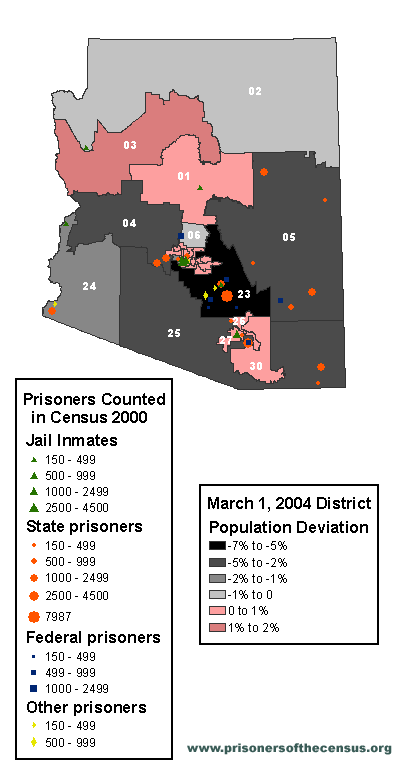 Map showing impact of prisoners and jail inmates on the size of each legislative district in Arizona
