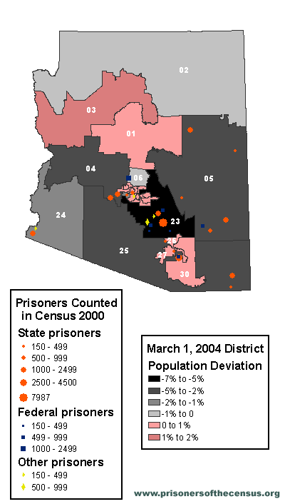 Map showing impact of prisoners on the size of each legislative district in Arizona