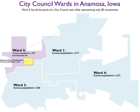 map of the city council districts in Anamosa Iowa where a prison is 96% of Ward 2's population