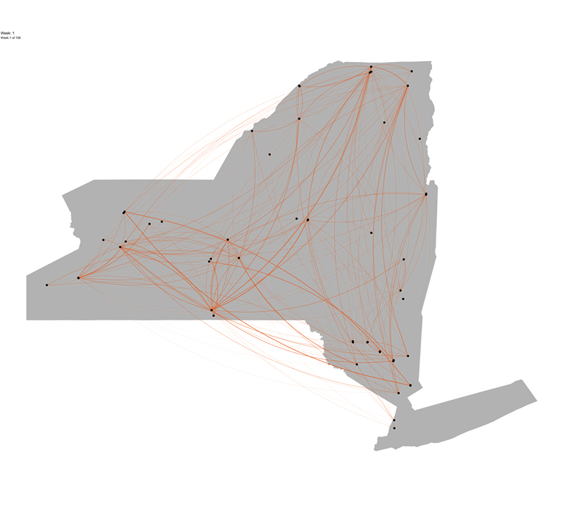 An animation showing all prison transfers in New York State between 2021 and 2022, animated by week.