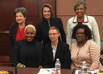 Picture of Congresswomen Lois Frankel, Nancy Pelosi, and Brenda Lawrence with presenters at DWWG dinner