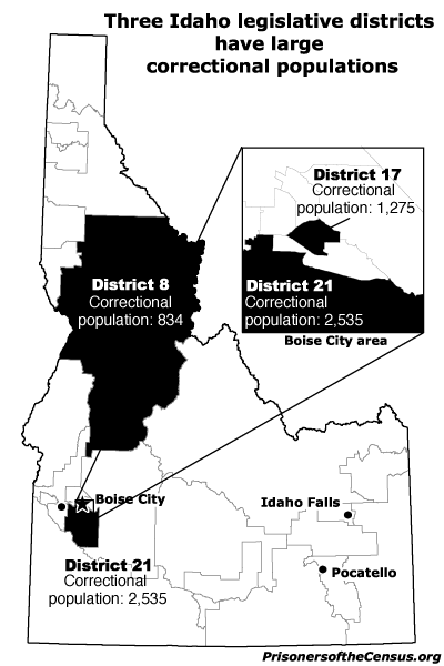 A map of Idaho and its legislative districts. Three of them are colored black and labeled with their correctional population.