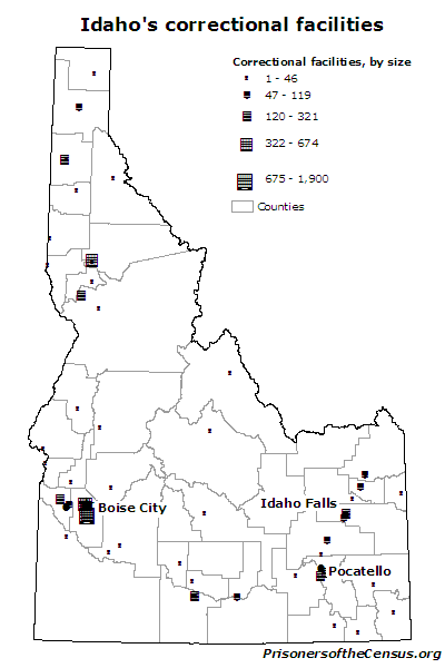 A map showing the size and location of Idaho's correctional facilities on a map of Idaho counties.