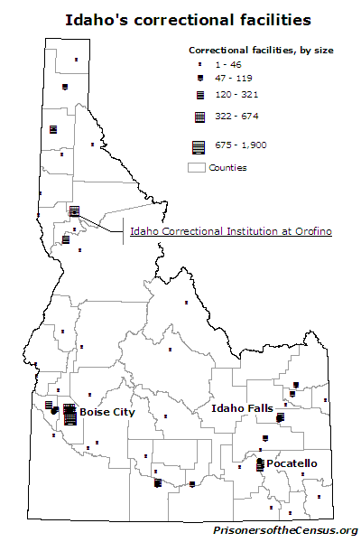 A map showing the size and location of Idaho's correctional facilities on a map of Idaho counties. The correctional institution at Orofino is labeled.