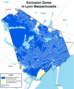 map showing Lynn's exclusion zones barring people on the sex offender registry from living in 95% of the city's residential properties