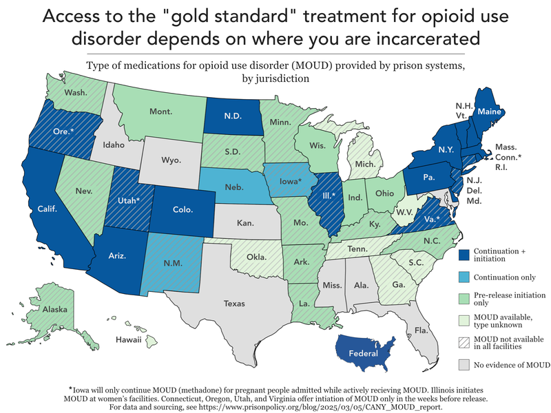 map of all 50 states showing which state prisons systems offer access to medications for opioid use disorder