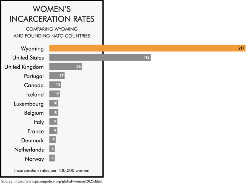 Bar chart comparing the women's incarceration rates of the founding NATO members with the women's incarceration rates of the United States and the state of Wyoming. The women's incarceration rates of 112 per 100,000 for the United States and 217 for Wyoming are much higher than any of the founding NATO members.