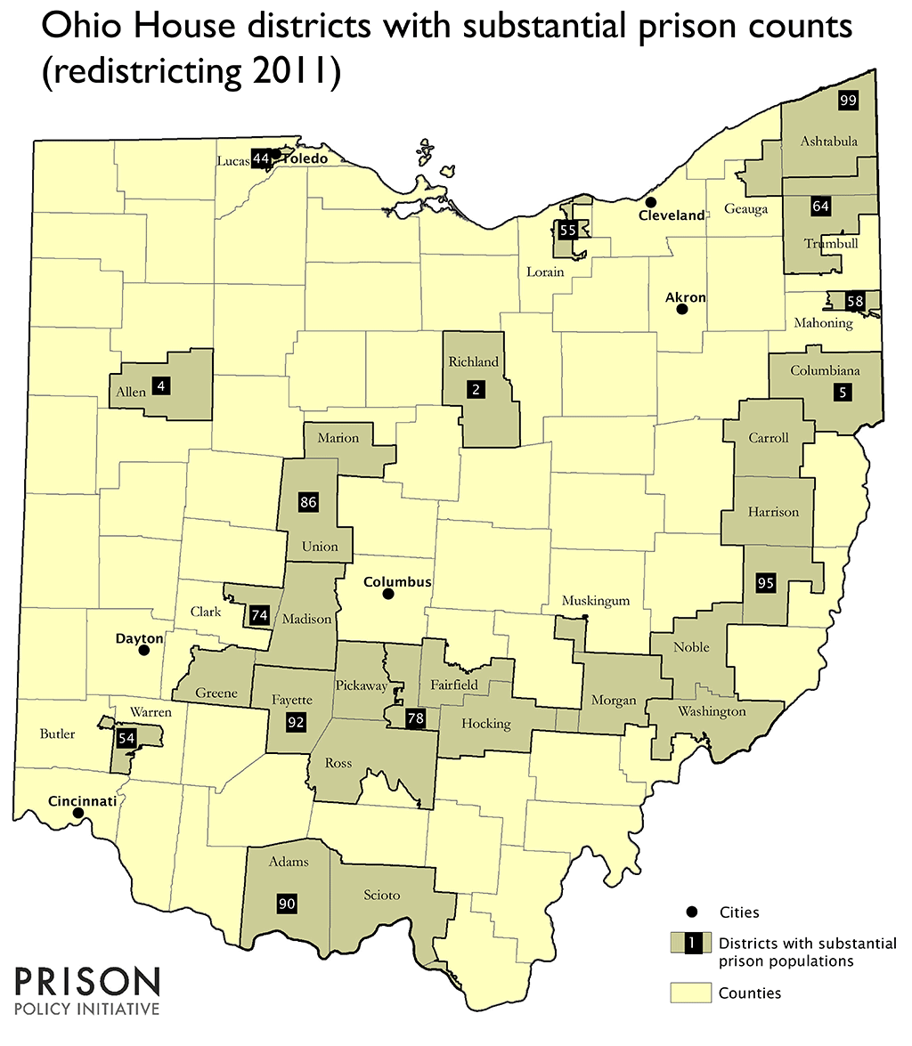 Map showing 15 Ohio House districts that have substantial prison populations.