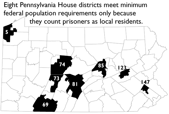 Eight House districts meet federal minimum population only because they include incarcerated people as local residents.