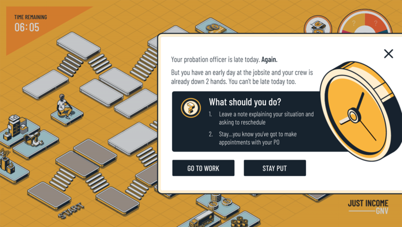 A screenshot of the ReEntry simulator, which looks like a yellow game board with spaces a player can move to. In this screenshot, a white pop-up window with an image of a clock asks if you'd rather miss an appointment with your probation officer, who's late, or wait and miss work, putting you at risk of losing your job.