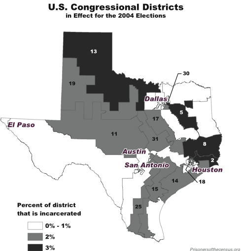 map showing the texas congressional districts that have large incarcerated populations