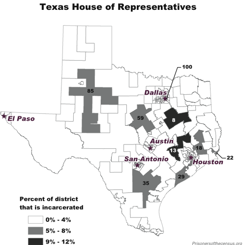 map showing the texas house districts that have large incarcerated populations