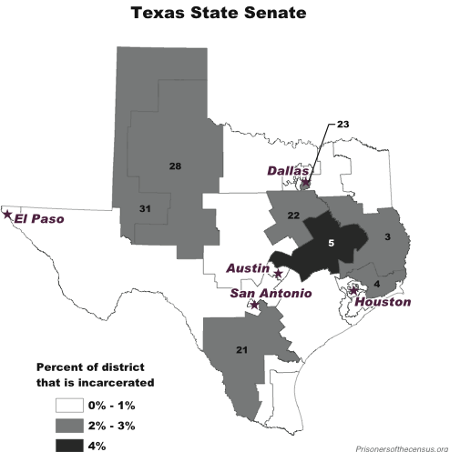 map showing the texas senate districts that have large incarcerated populations