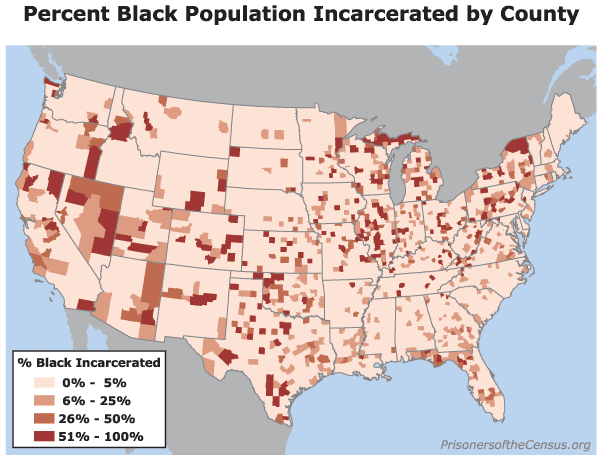 A map of the United States, with each county colored based on the percent of its black population that is incarcerated.