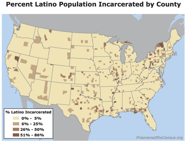 A map of the United States, with each county colored based on the percent of its Latino population that is incarcerated.