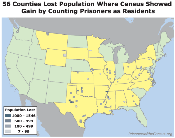 A map showing the 56 counties that the Census 2000 reported as growing when, except for prisoners counted as residents, they shrank during the 1990s.