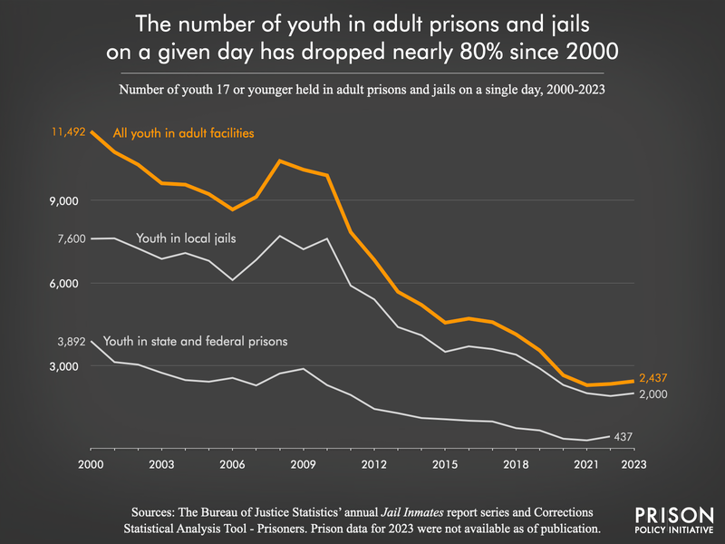 A line chart showing the number of youth in adult jails and prisons has declined nearly 80 percent since 2000. One line shows the decline in youth in state and federal prisons, another line shows the decline in youth held in local jails, and a third line shows the decline in total number of youth in adult facilities.