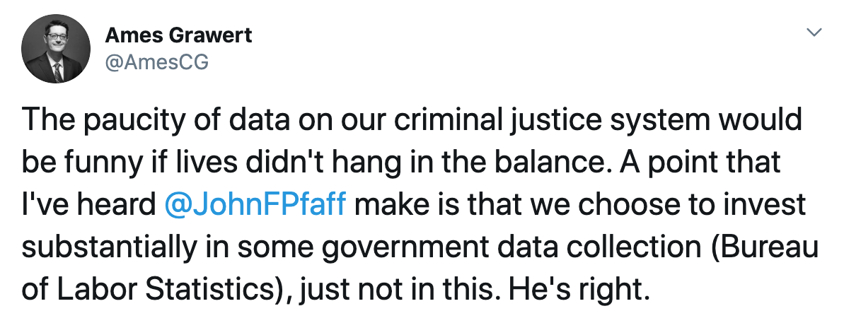 tweet from a Brennan Center for Justice staffer about data gaps in the criminal justice field.