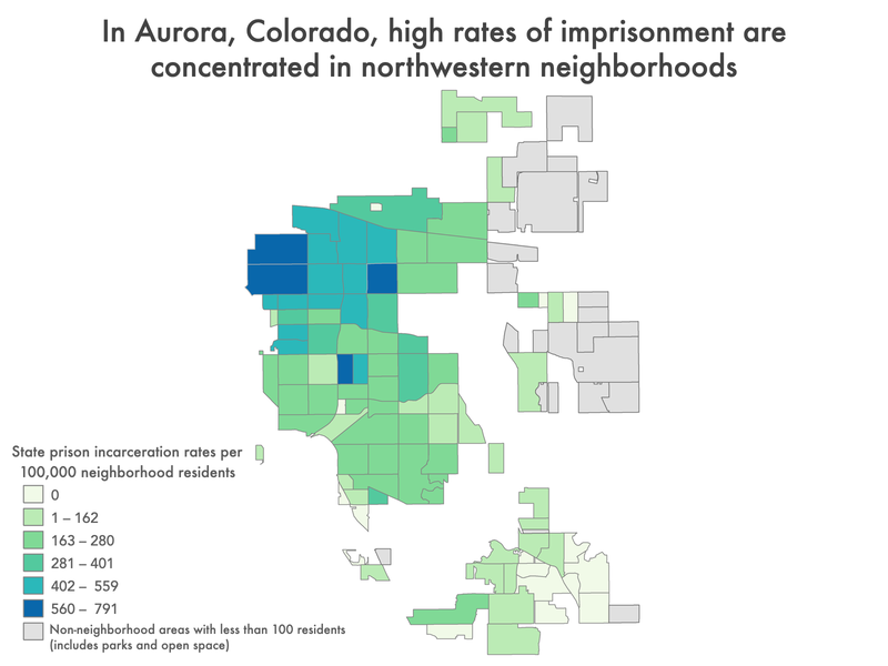 map of Aurora, Colorado showing imprisonment rate by neighborhoods