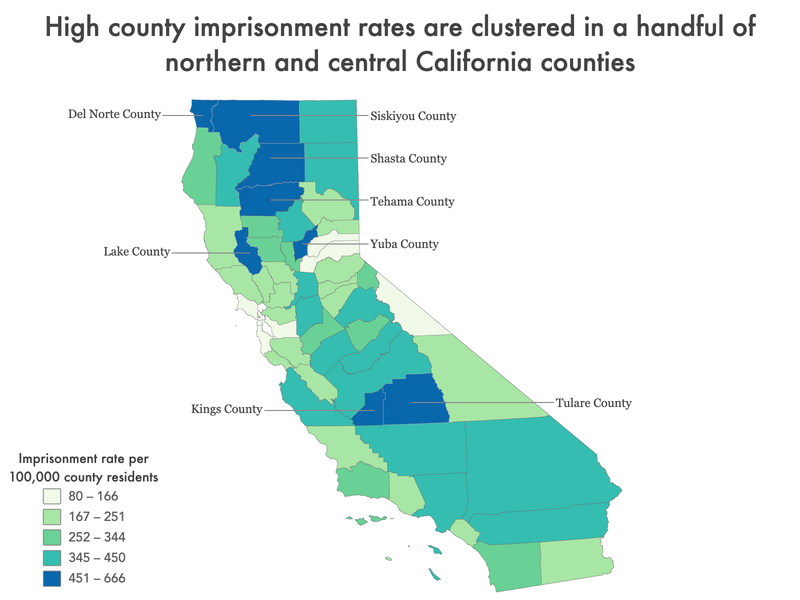 map of California showing incarceration rate by county with top imprisonment counties labeled