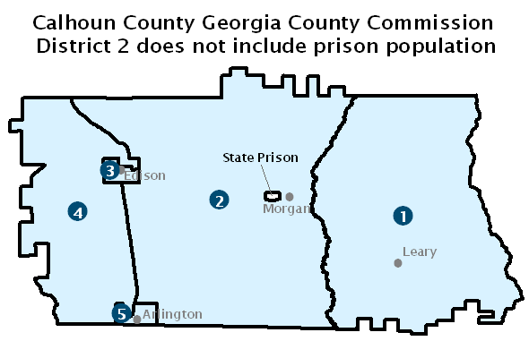 Map of Calhoun County Georgia County Commission districts showing that none of the districts included the prison population.