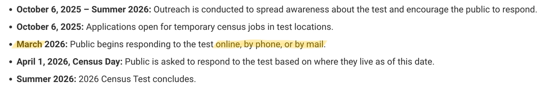screenshot of Census timeline stating planned test response starting March 2026