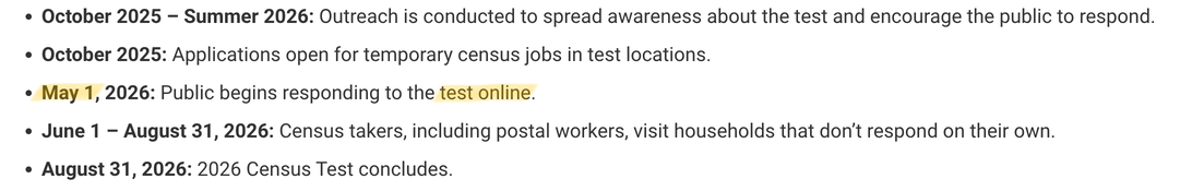screenshot of Census timeline stating planned test response starting March 2026