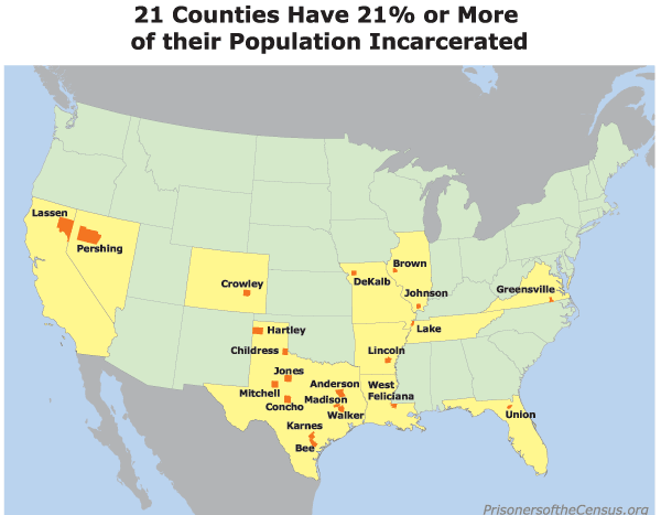 Map showing the 21 counties that have at least 21% of their population incarcerated