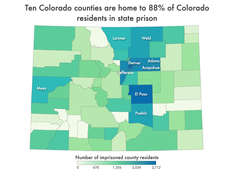 map of Colorado showing number of people in prison from each county