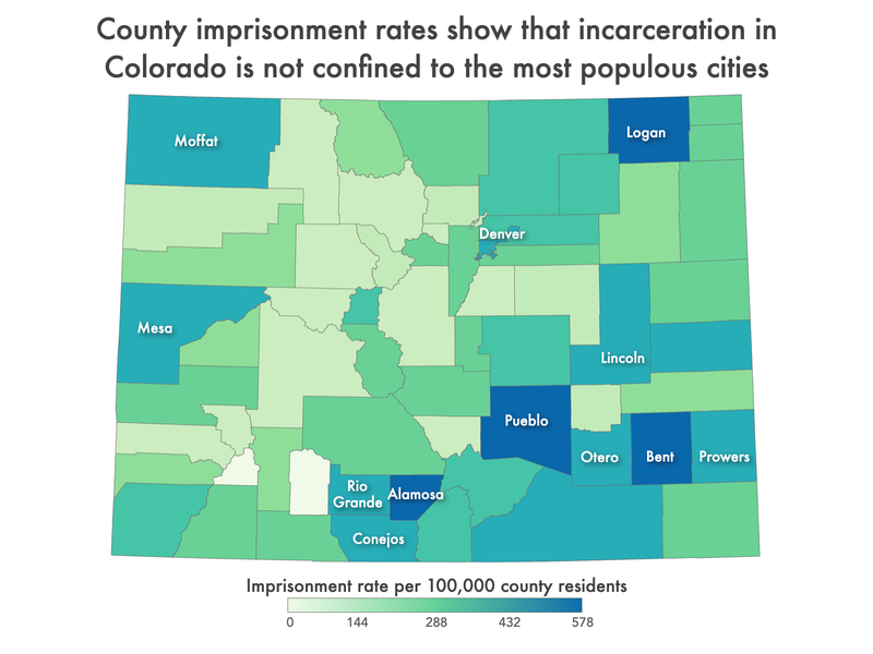 map of Colorado showing imprisonment rate by county