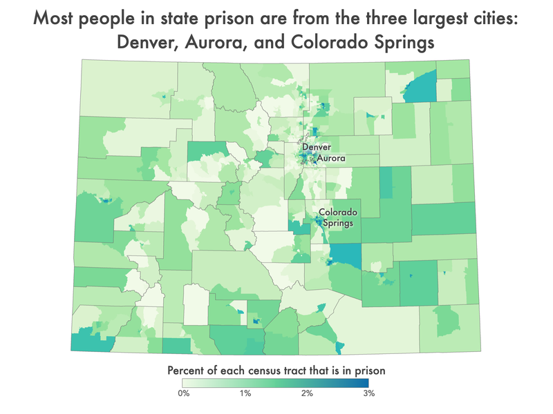 map of Colorado showing incarceration rate by census tract and highlighting high imprisonment in Denver, Aurora, and Colorado Springs