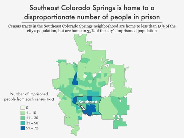 Map of Colorado Springs by imprisonment rate per 100,000 census tract residents highlighting Southeast neighborhood.