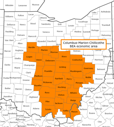 Small inset map of Ohio, highlighting the counties of the Columbus-Marion-Chillicothe BEA economic area. The BEA area includes 29 counties in central and southeast Ohio, and Mason County in West Virginia