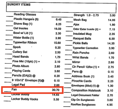 screenshot of a federal prison's commissary price list showing that a fan costs $30.70