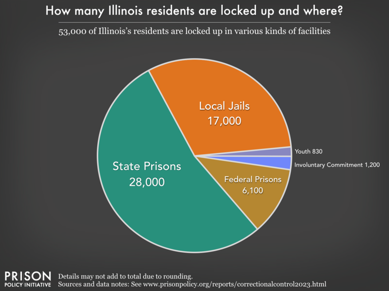Pie chart showing that 76,000 Illinois residents are locked up in federal prisons, state prisons, local jails and other types of facilities