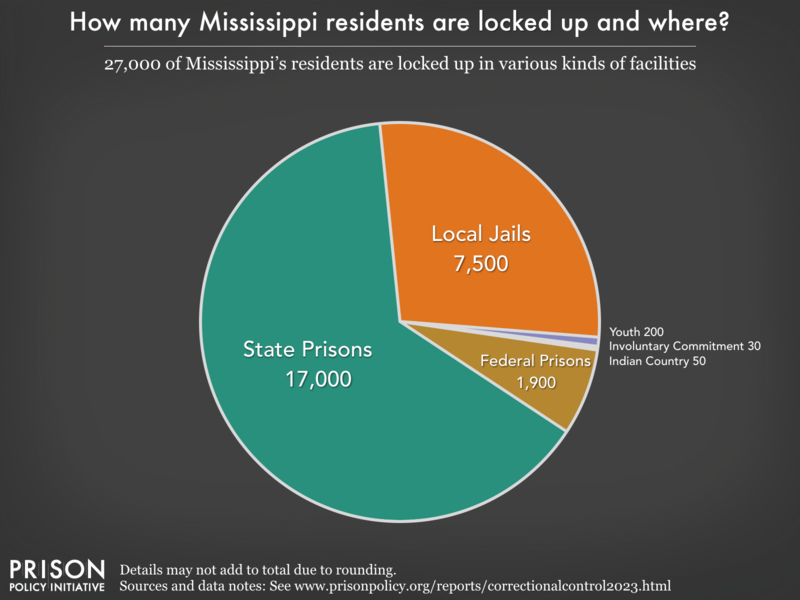 Pie chart showing that 29,000 Mississippi residents are locked up in federal prisons, state prisons, local jails and other types of facilities