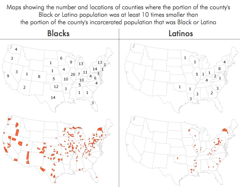 Maps showing where Blacks or Latinos are over-represented at least 10 times in the prison population compared to the surrounding county