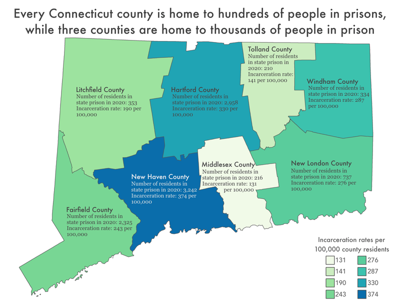 map of Connecticut showing imprisonment rate by county