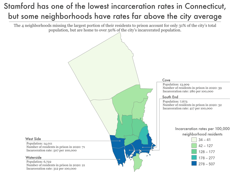 map of Stamford showing imprisonment rate by neighborhood
