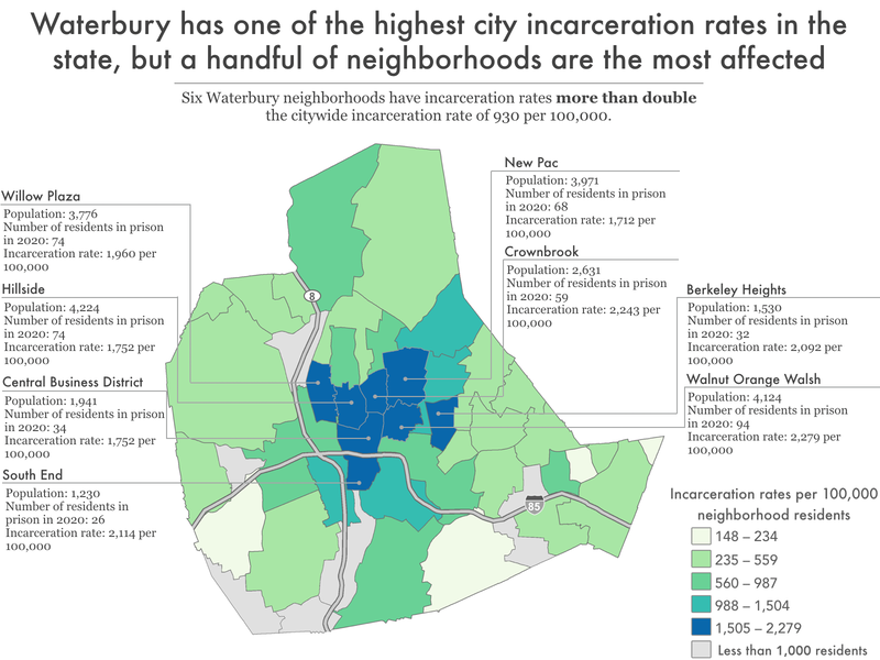 map of Waterbury showing imprisonment rate by neighborhood