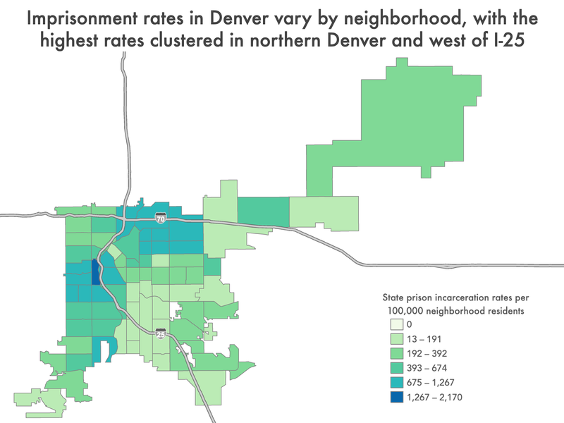 map of Denver showing imprisonment rate by neighborhoods