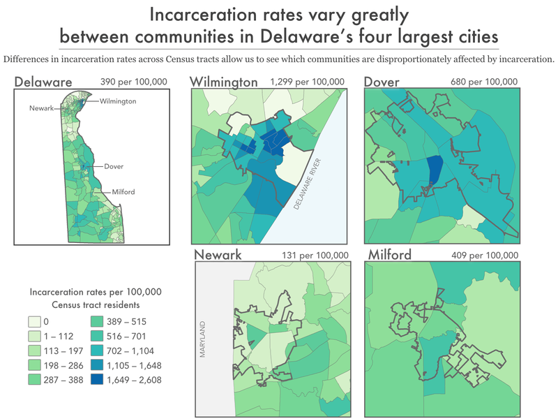 map of incarceration rates by Census tracts in the Delaware cities of Wilmington, Dover, Newark, and Milford