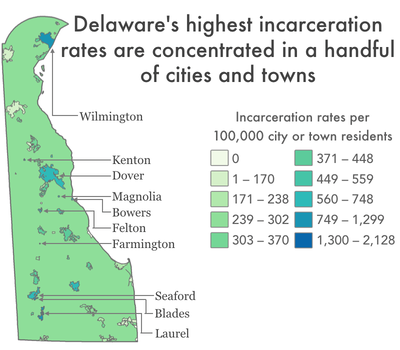 map of Delaware highlighting the ten cities and towns with the highest incarceration rates