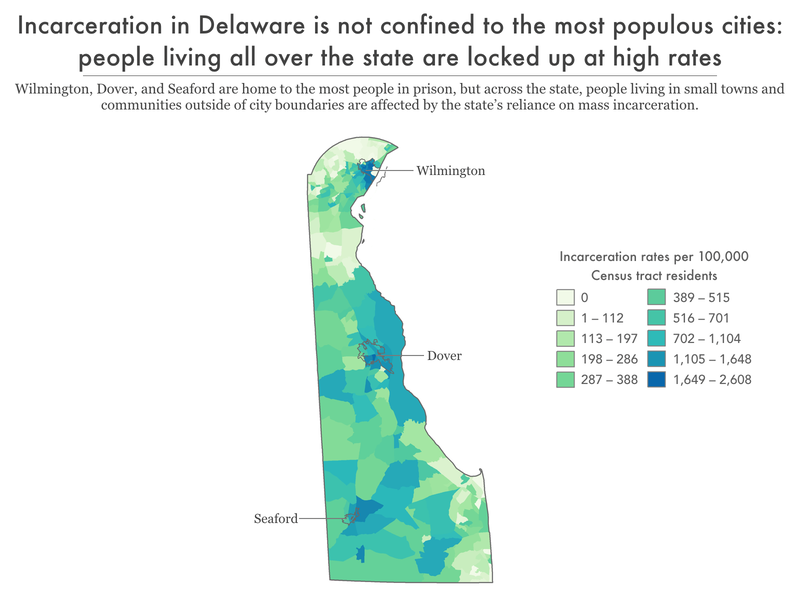 map of Delaware showing incarceration rate by census tract and highlighting 3 cities with the highest rates