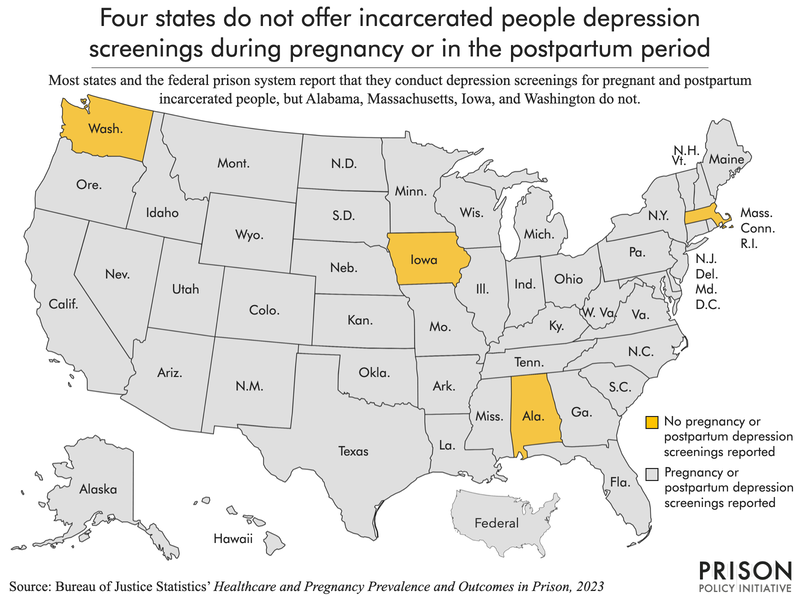 Map of the united states highlighting the four state prison systems that do not conduct depression screenings during pregnancy or postpartum