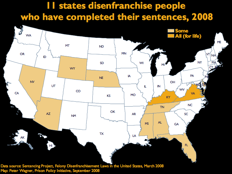 Map showing 11 States disenfranchise people who have completed their sentences (current as of 2008).  The 2 states that have lifetime disenfranchisement for formerly incarcerated people are: Kentucky and Virginia. The 9 states that disenfranchise some formerly incarcerated people are Alabama, Arizona, Delaware, Florida, Mississippi, Nebraska, Nevada, Tennessee, and Wyoming.