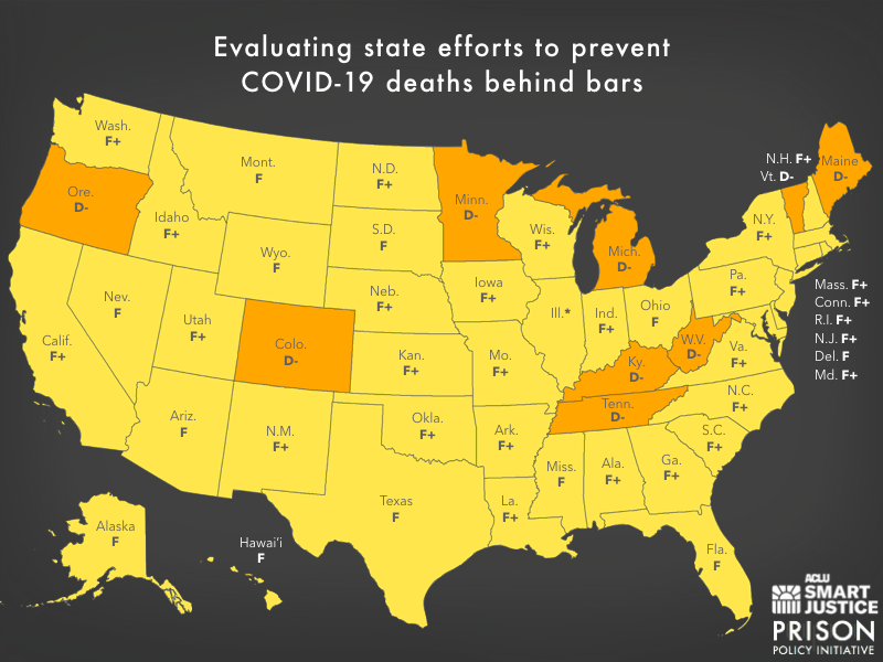 Map of the United States showing the letter grade each state received in this report.